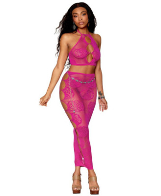 Ensemble Soutien-gorge et jupe longue en filet rose 